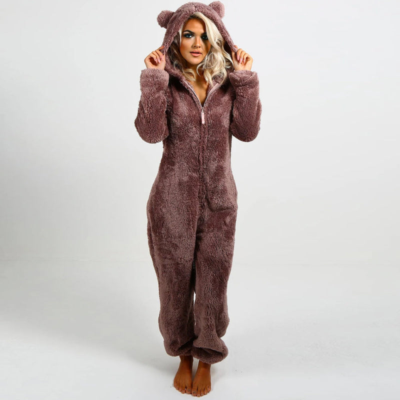 Super Soft Fleece Onesie with Bear Ears - BearHug-Brown-S-State of Style