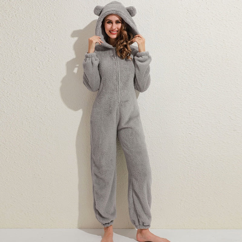 Super Soft Fleece Onesie with Bear Ears - BearHug-Grey-S-State of Style