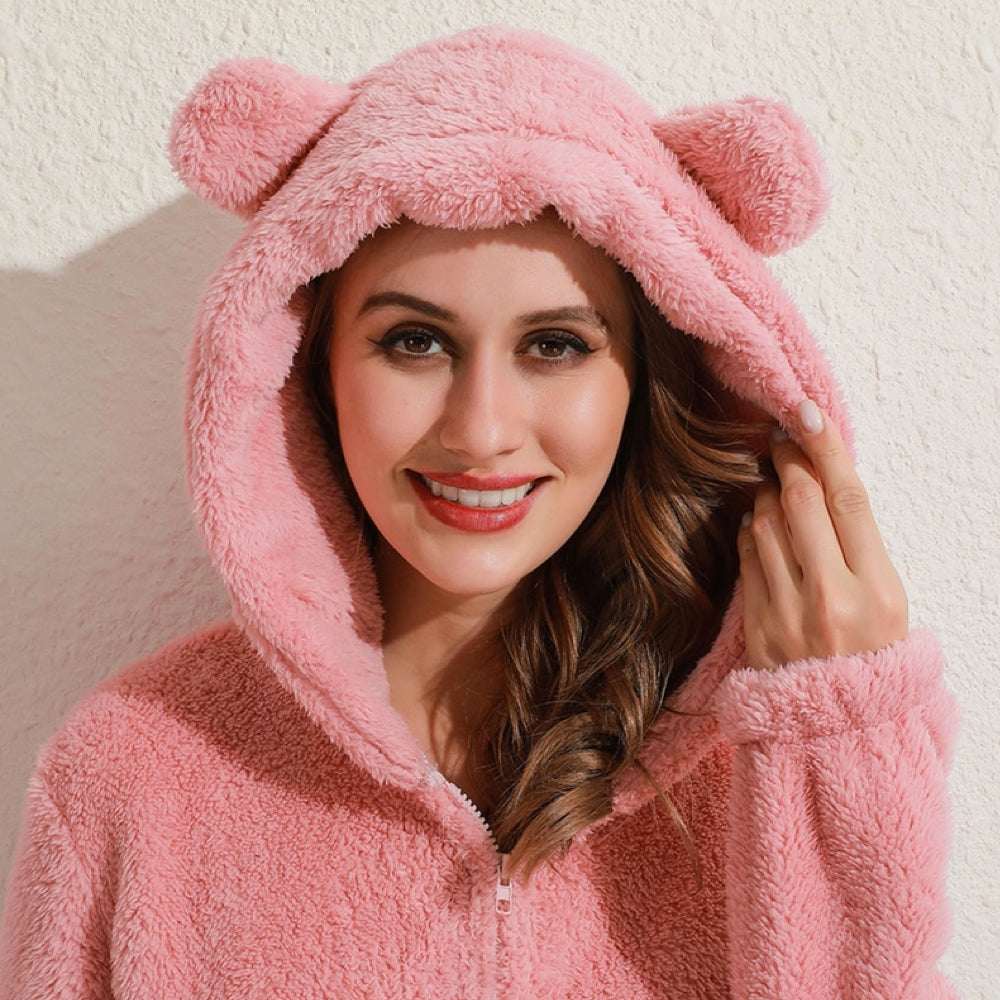 Super Soft Fleece Onesie with Bear Ears - BearHug-Pink-S-State of Style