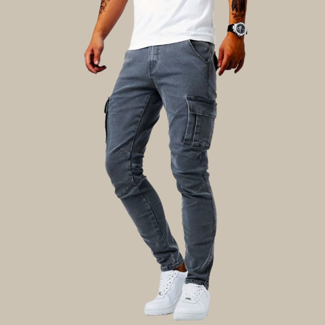 Super-Stretch Cargo Trousers | Arno Men's Cargo Jeans-Grey-S-State of Style