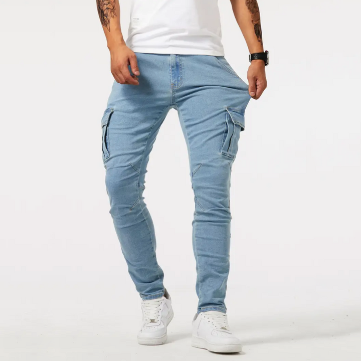 Super-Stretch Cargo Trousers | Arno Men's Cargo Jeans-Light Blue-S-State of Style