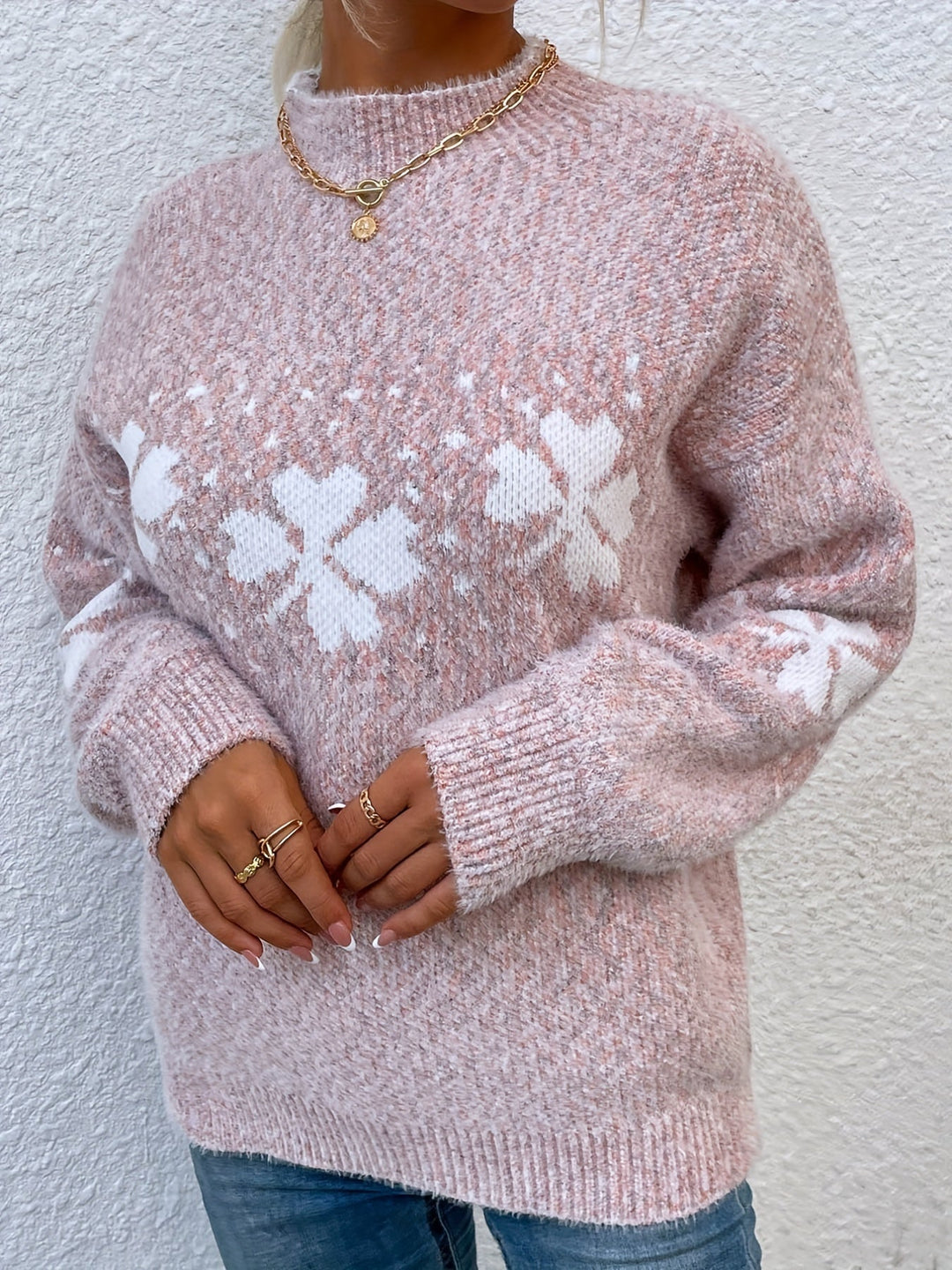 Sweater with Four-leaf Clover Pattern - Maeve-Pink-S-State of Style