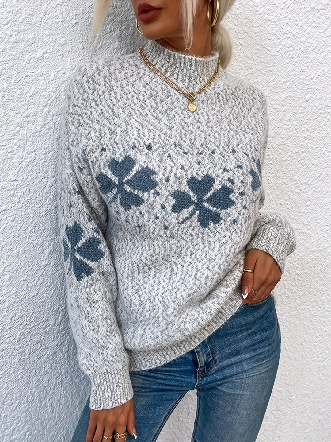 Sweater with Four-leaf Clover Pattern - Maeve-Pink-S-State of Style