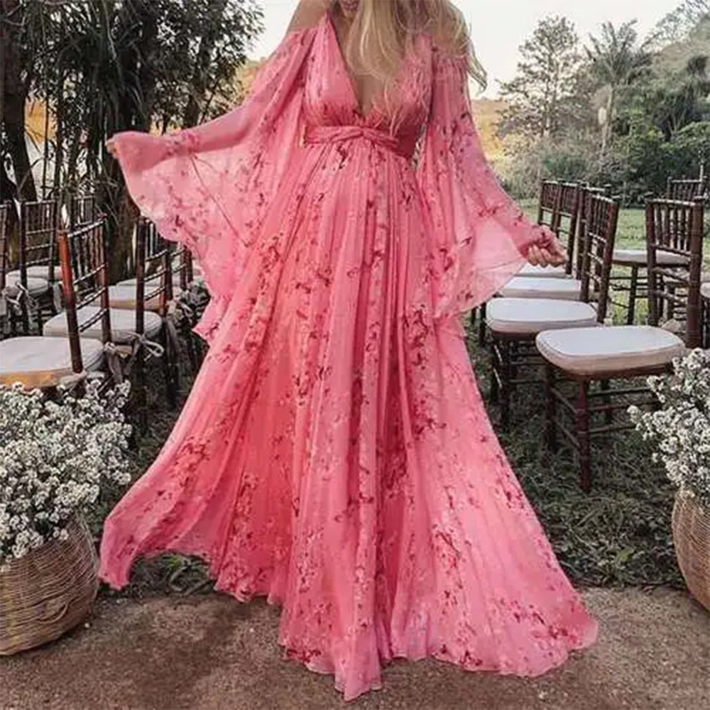 Swinging Pink Chiffon Dress with Flared Sleeves - Isabelle-S-State of Style