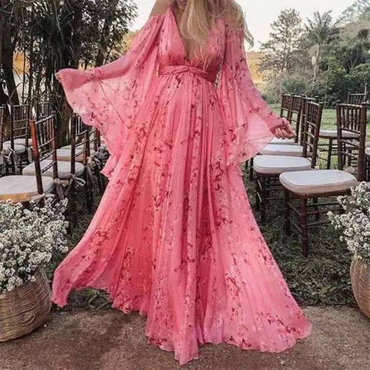 Swinging Pink Chiffon Dress with Flared Sleeves - Isabelle-S-State of Style