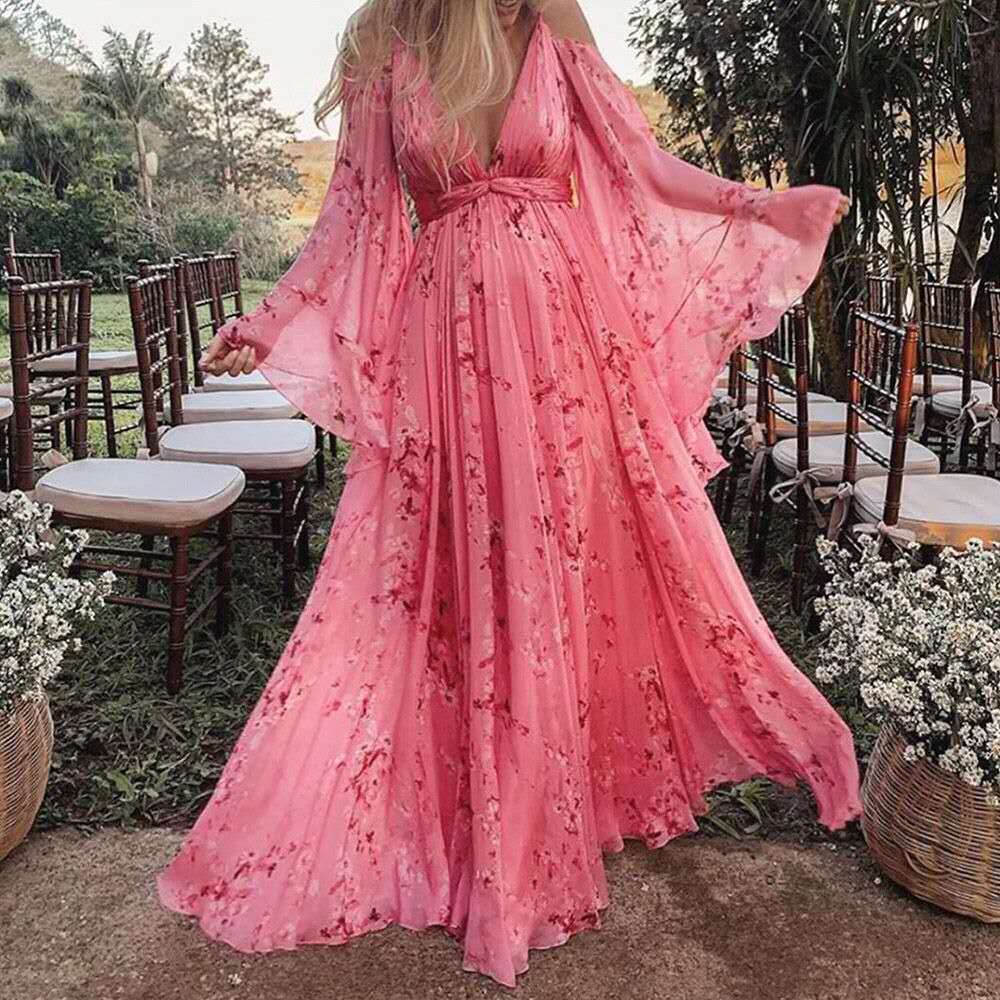 Swinging Pink Chiffon Dress with Flared Sleeves - Isabelle-S-State of Style