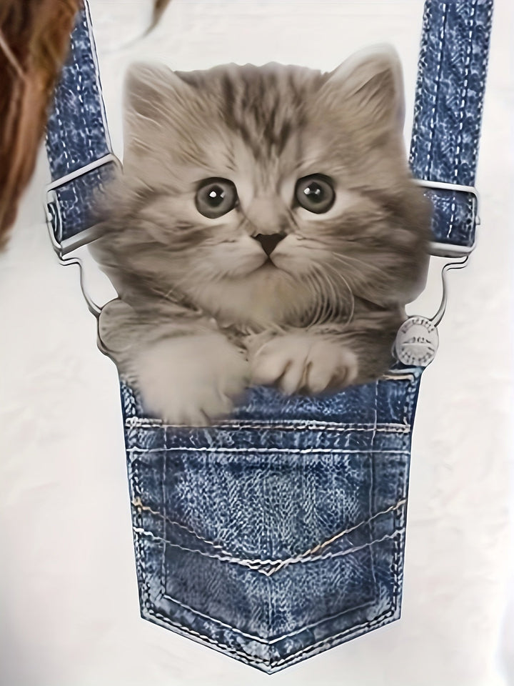 T-shirt with Cat Print and Trendy Colour Block Details - Celeste-S-State of Style