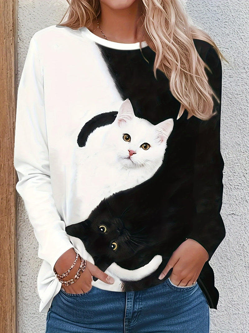 T-shirt with Cat Print and Trendy Colour Blocks - Marit-S-State of Style