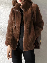 Teddy Coat with Drawstring and Zipper - Isla-Dark Brown-S-State of Style