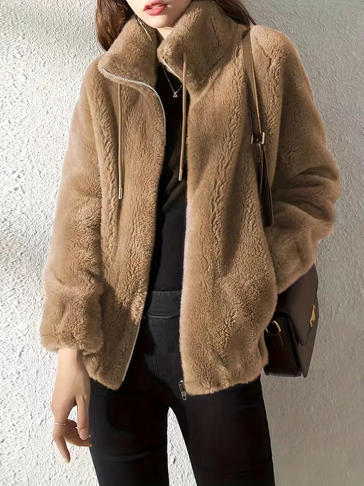 Teddy Coat with Drawstring and Zipper - Isla-Khaki-S-State of Style