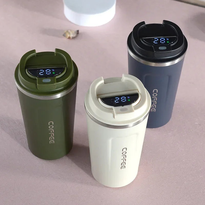 TempMate Smart Stainless Steel Thermos Mug with Temperature Display-380ML-Pink with Portable Strap-State of Style