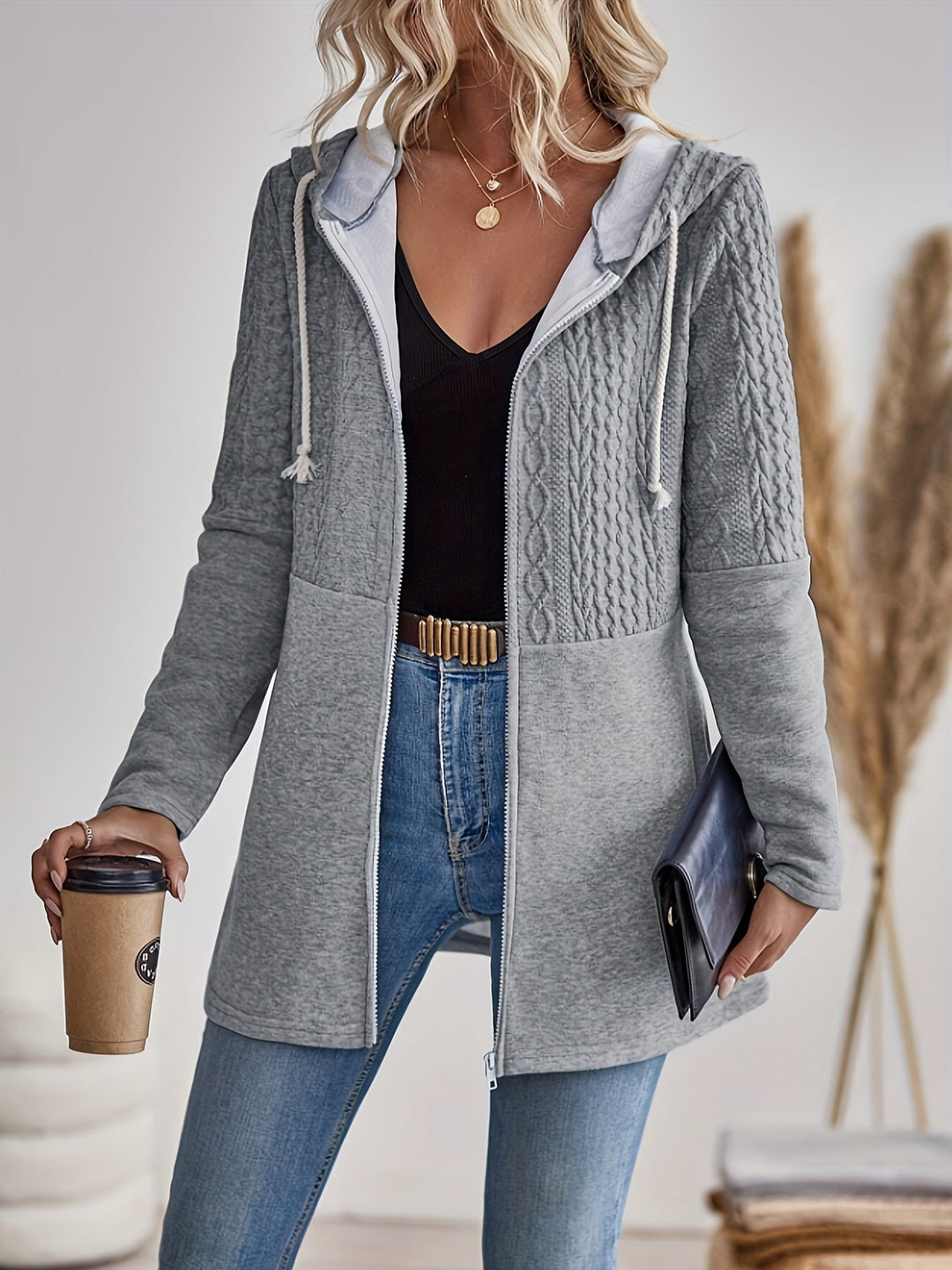 Textured Zip-Up Hoodie Jacket - Isla-S-State of Style