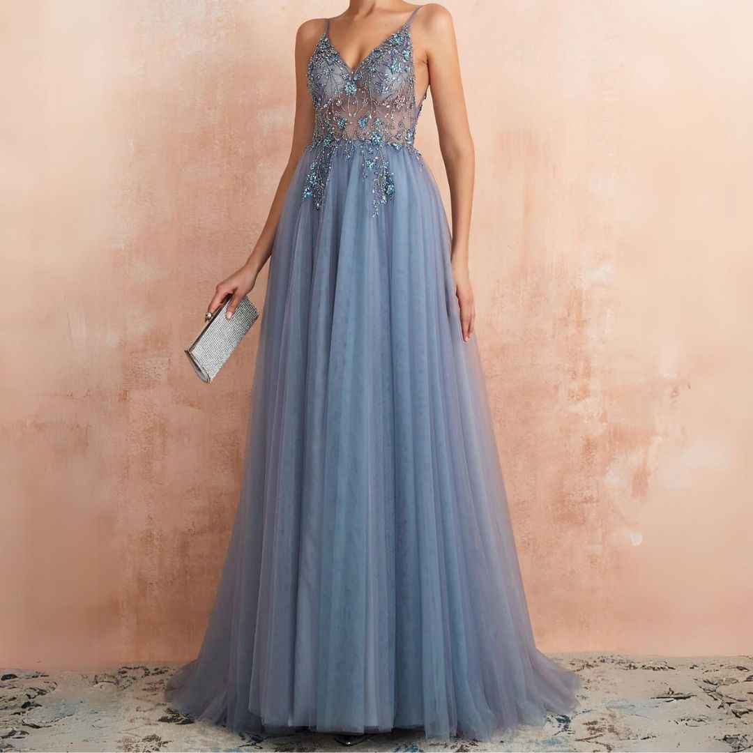 Theresa Tulle Dress with Slit and V-Neck-Blue-XS-State of Style