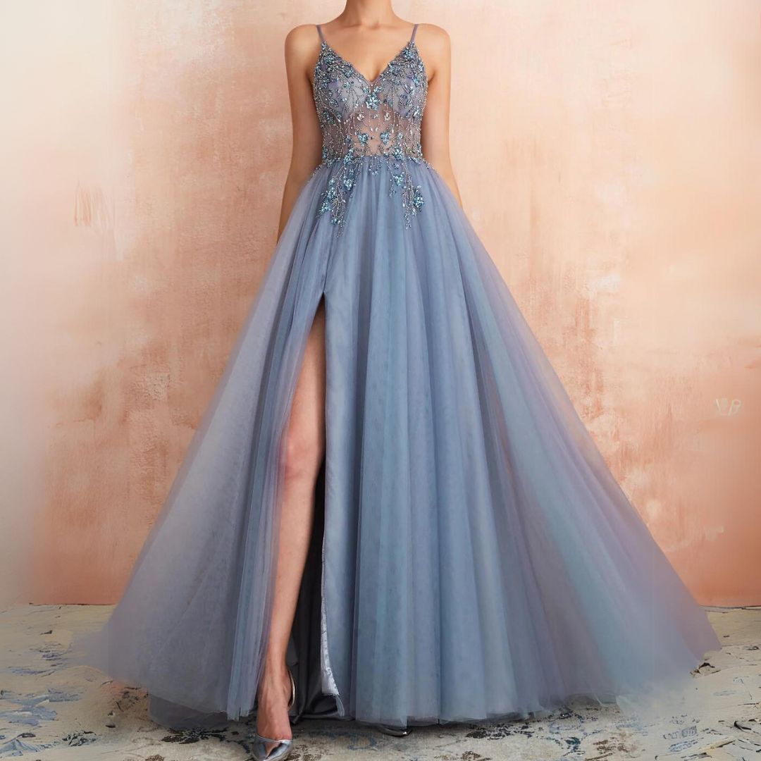 Theresa Tulle Dress with Slit and V-Neck-Blue-XS-State of Style