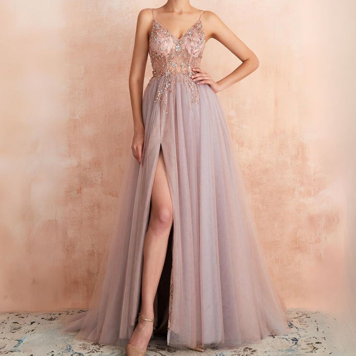 Theresa Tulle Dress with Slit and V-Neck-Pink-XS-State of Style