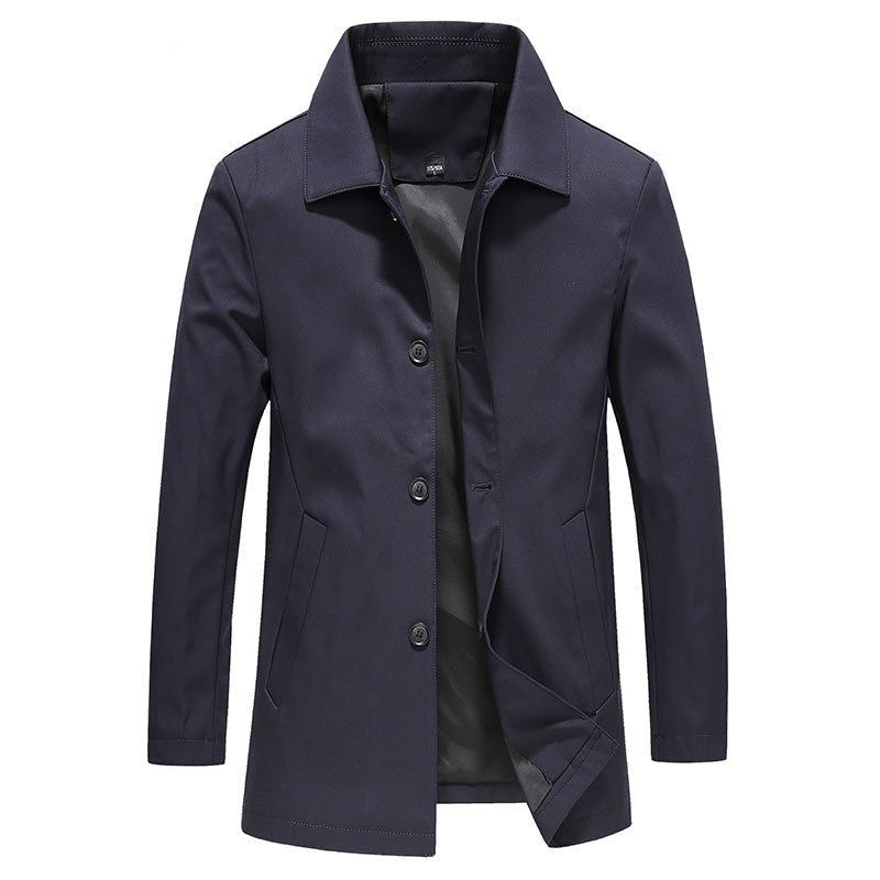 Windproof Long Men's Coat in Solid Colour - Mees
