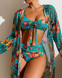 Three-Piece Bikini Set with Floral Print – Yara-Blue-S-State of Style