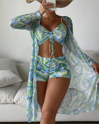 Three-Piece Bikini Set with High Waist and Cover-Up – Marisse-Green-S-State of Style