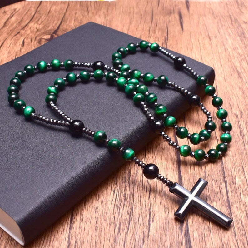 Tiger Eye and Lapis Lazuli Cross Rosary Necklace for Men - Orion-Green Tiger Eye-State of Style