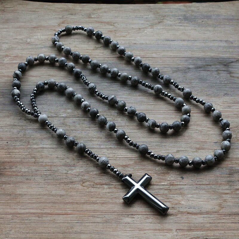 Tiger Eye and Lapis Lazuli Cross Rosary Necklace for Men - Orion-Grey Jasper-State of Style