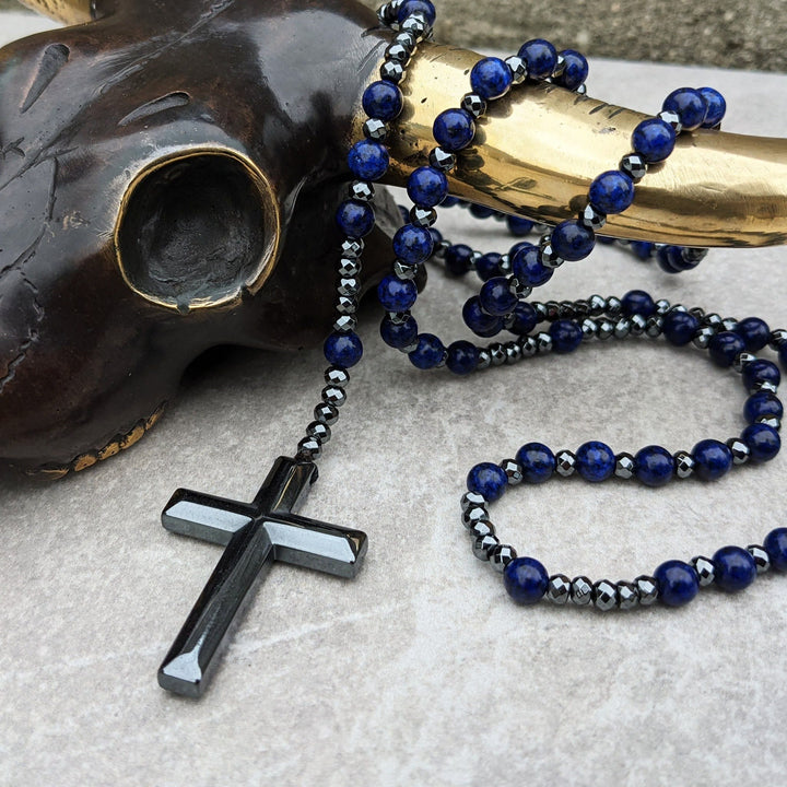 Tiger Eye and Lapis Lazuli Cross Rosary Necklace for Men - Orion-Lapis Lazuli-State of Style