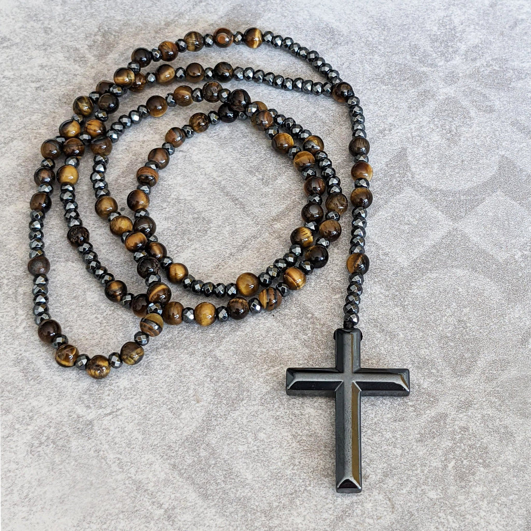 Tiger Eye and Lapis Lazuli Cross Rosary Necklace for Men - Orion-Tiger Eye-State of Style
