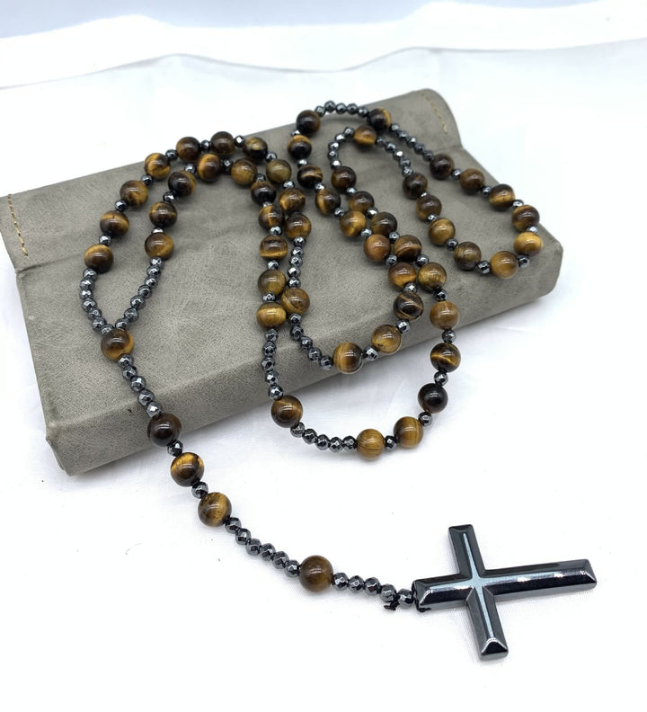 Tiger Eye and Lapis Lazuli Cross Rosary Necklace for Men - Orion-Tiger Eye-State of Style
