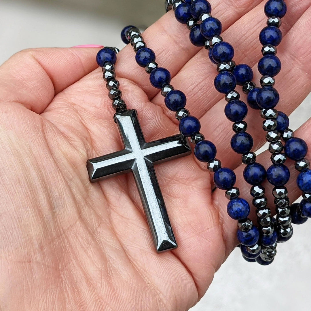 Tiger Eye and Lapis Lazuli Cross Rosary Necklace for Men - Orion-Tiger Eye-State of Style