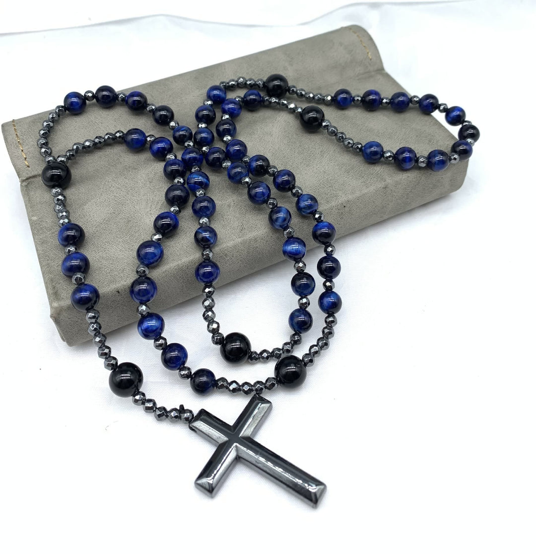 Tiger Eye and Lapis Lazuli Cross Rosary Necklace for Men - Orion-Tiger Eye-State of Style