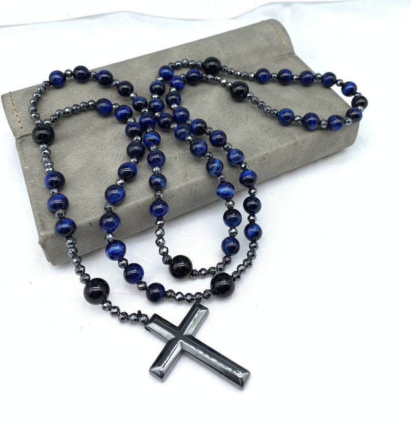 Tiger Eye and Lapis Lazuli Cross Rosary Necklace for Men - Orion-Tiger Eye-State of Style