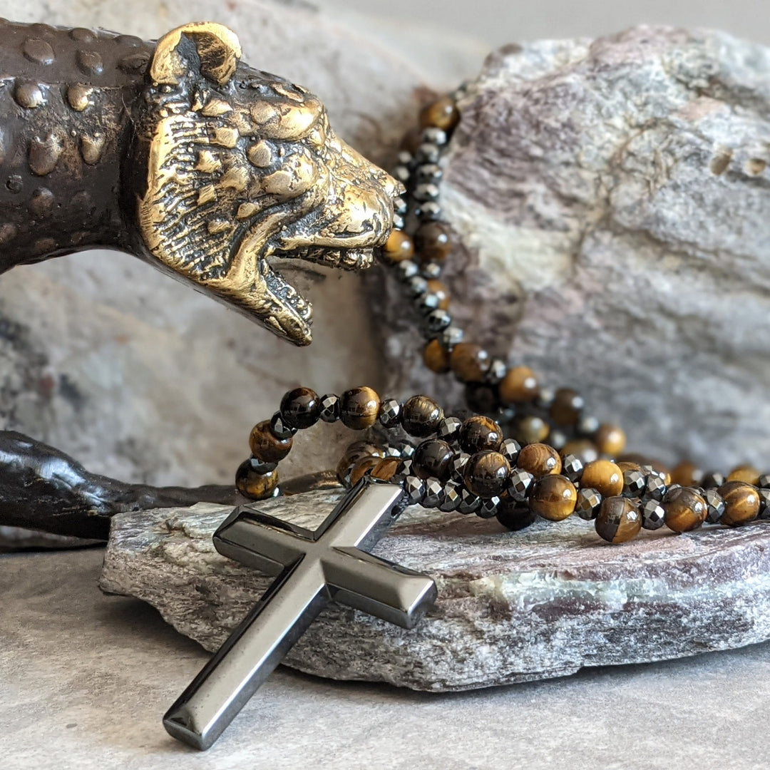 Tiger Eye and Lapis Lazuli Cross Rosary Necklace for Men - Orion-Tiger Eye-State of Style