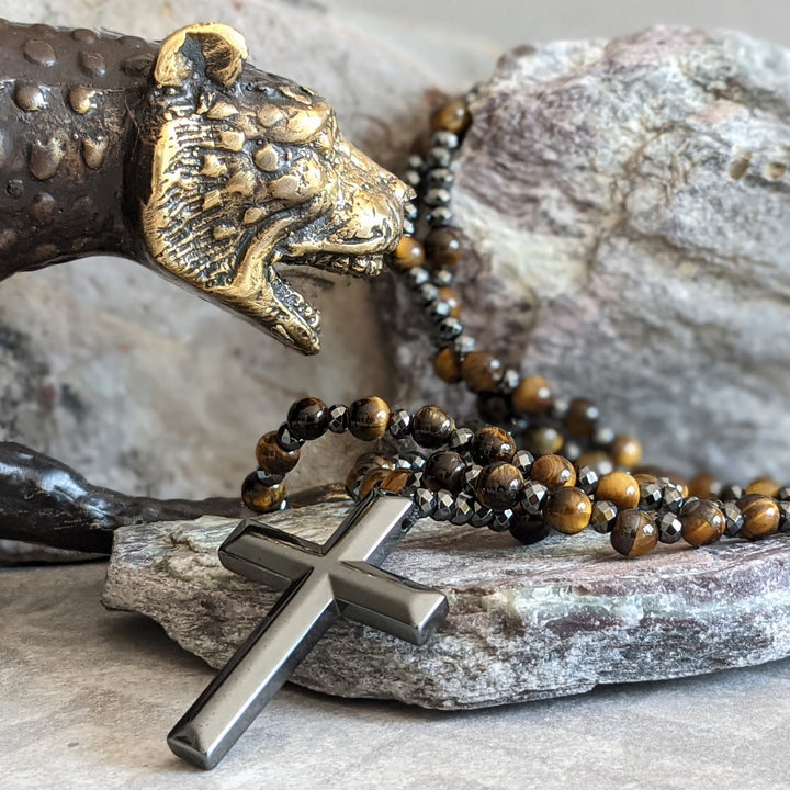 Tiger Eye and Lapis Lazuli Cross Rosary Necklace for Men - Orion-Tiger Eye-State of Style