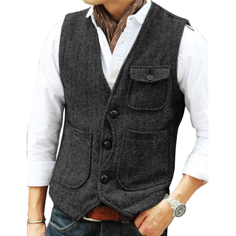 Trachten Vest Carlson – Elegant Herringbone Tweed Waistcoat-Black-XS-State of Style
