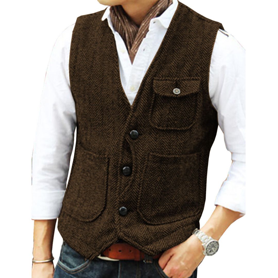 Trachten Vest Carlson – Elegant Herringbone Tweed Waistcoat-Coffee-XS-State of Style