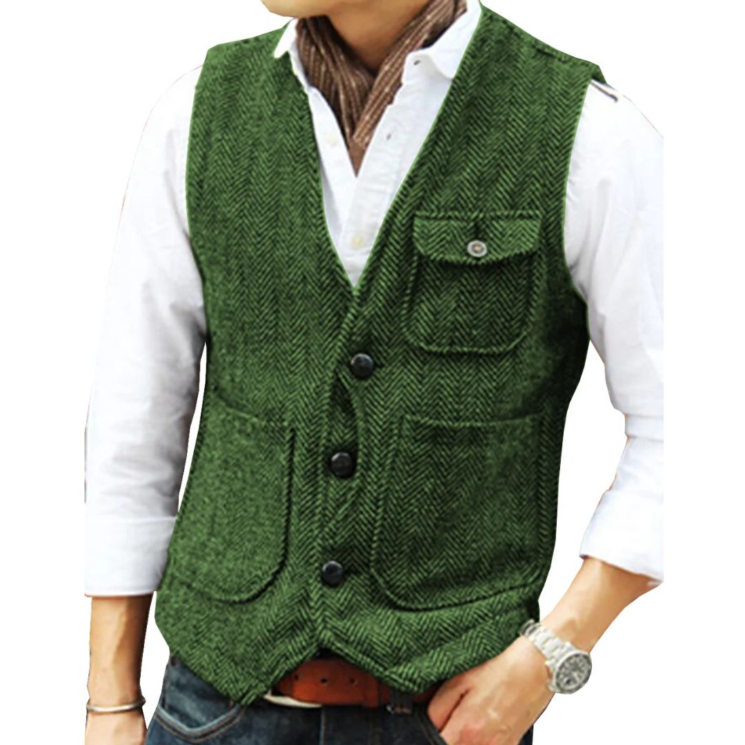 Trachten Vest Carlson – Elegant Herringbone Tweed Waistcoat-Green-XS-State of Style