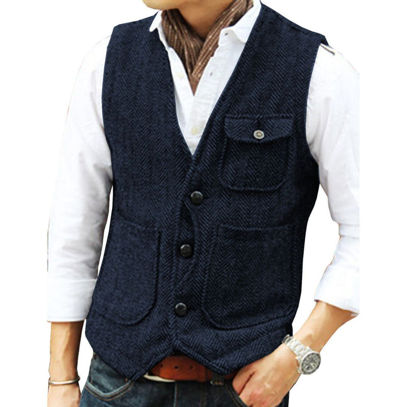 Trachten Vest Carlson – Elegant Herringbone Tweed Waistcoat-Navy Blue-XS-State of Style