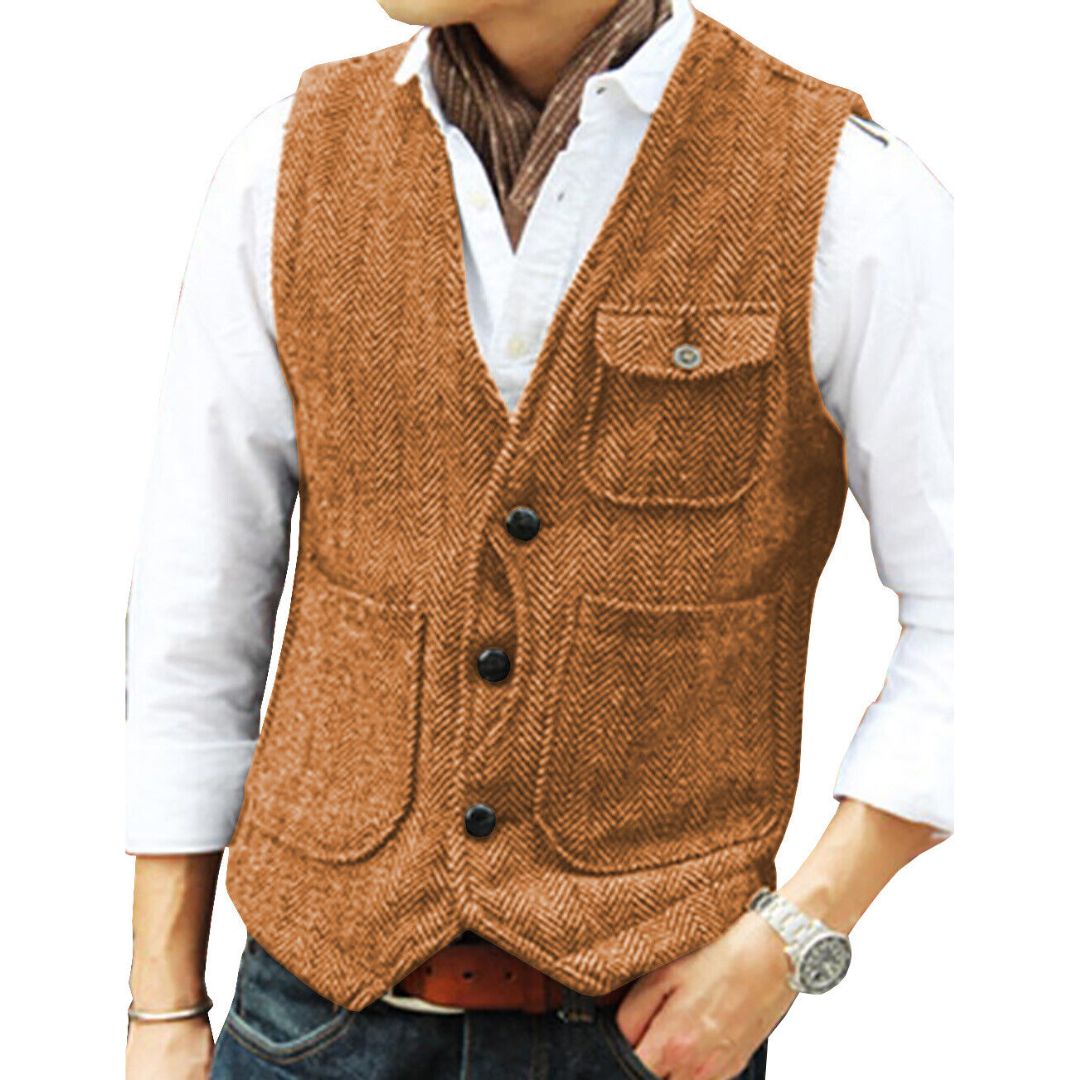 Trachten Vest Carlson – Elegant Herringbone Tweed Waistcoat-Orange-XS-State of Style