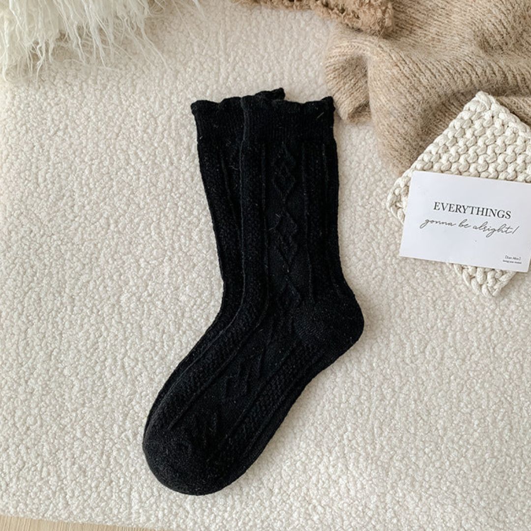 Traditional Wool Socks Cynthia – Thick, Warm & Vintage Ruffle Design-Black-State of Style