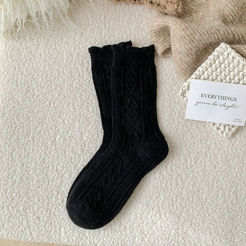 Traditional Wool Socks Cynthia – Thick, Warm & Vintage Ruffle Design-Black-State of Style