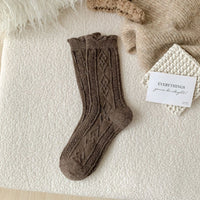 Traditional Wool Socks Cynthia – Thick, Warm & Vintage Ruffle Design-Brown Coffee-State of Style