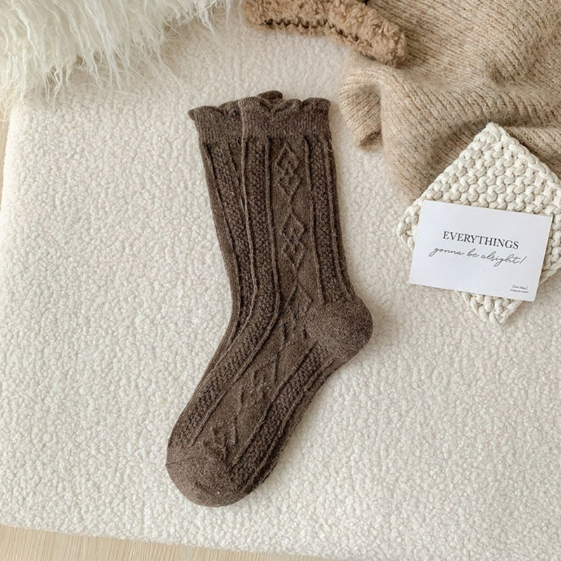 Traditional Wool Socks Cynthia – Thick, Warm & Vintage Ruffle Design-Brown Coffee-State of Style