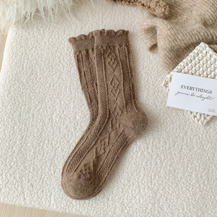 Traditional Wool Socks Cynthia – Thick, Warm & Vintage Ruffle Design-Camel-State of Style