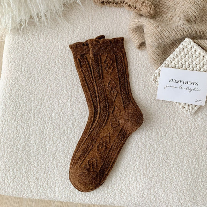 Traditional Wool Socks Cynthia – Thick, Warm & Vintage Ruffle Design-Caramel Coffee-State of Style