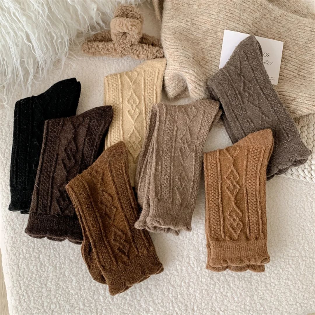 Traditional Wool Socks Cynthia – Thick, Warm & Vintage Ruffle Design-Caramel-State of Style