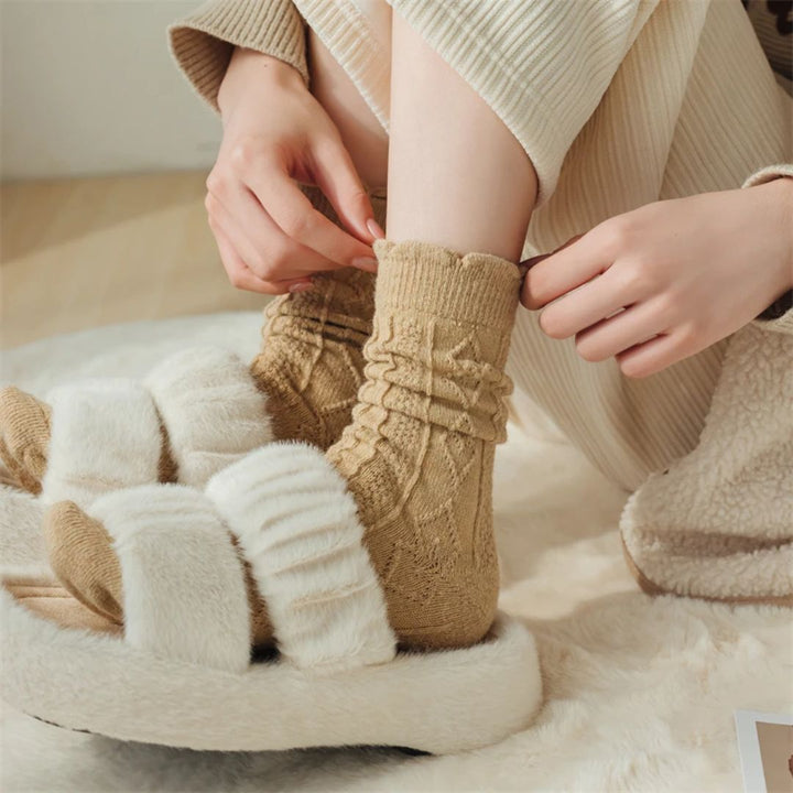 Traditional Wool Socks Cynthia – Thick, Warm & Vintage Ruffle Design-Caramel-State of Style
