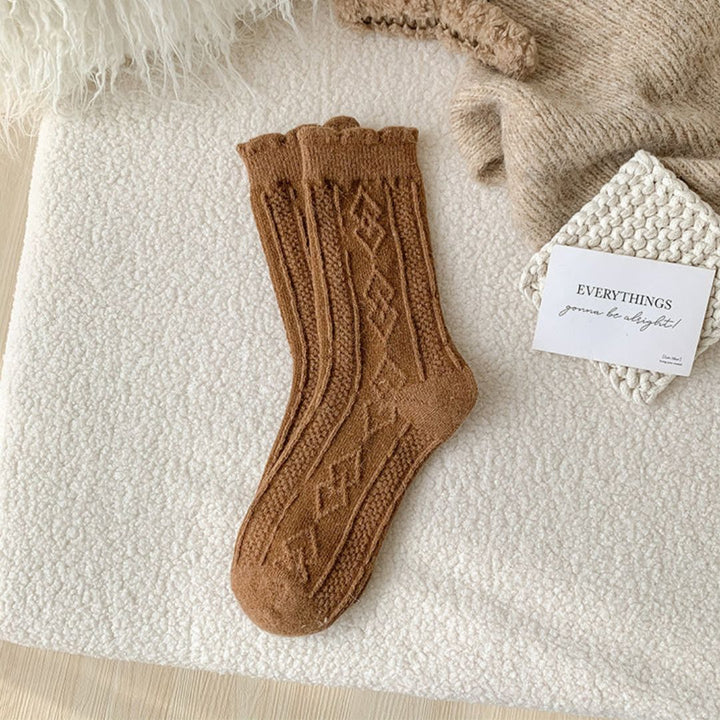 Traditional Wool Socks Cynthia – Thick, Warm & Vintage Ruffle Design-Caramel-State of Style