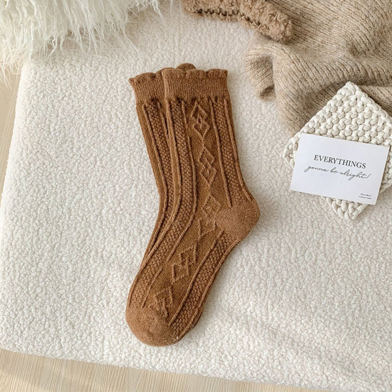 Traditional Wool Socks Cynthia – Thick, Warm & Vintage Ruffle Design-Caramel-State of Style