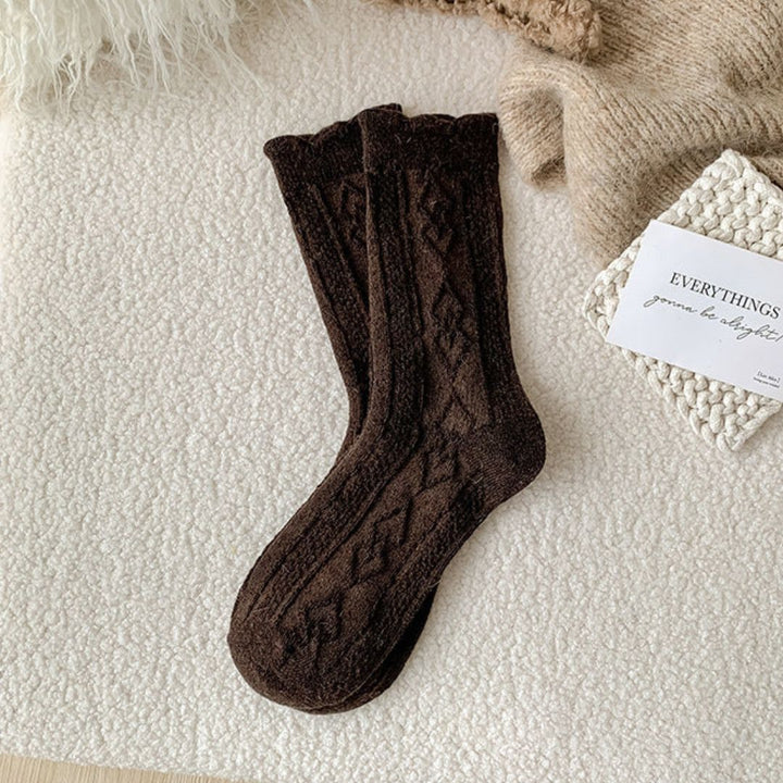 Traditional Wool Socks Cynthia – Thick, Warm & Vintage Ruffle Design-Dark Brown-State of Style