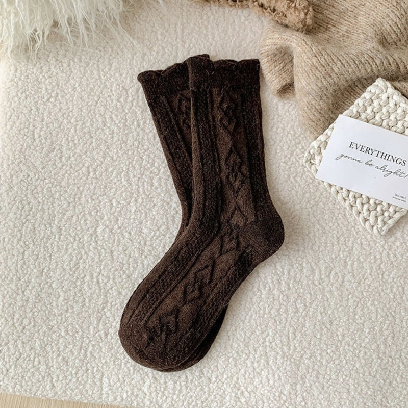 Traditional Wool Socks Cynthia – Thick, Warm & Vintage Ruffle Design-Dark Brown-State of Style