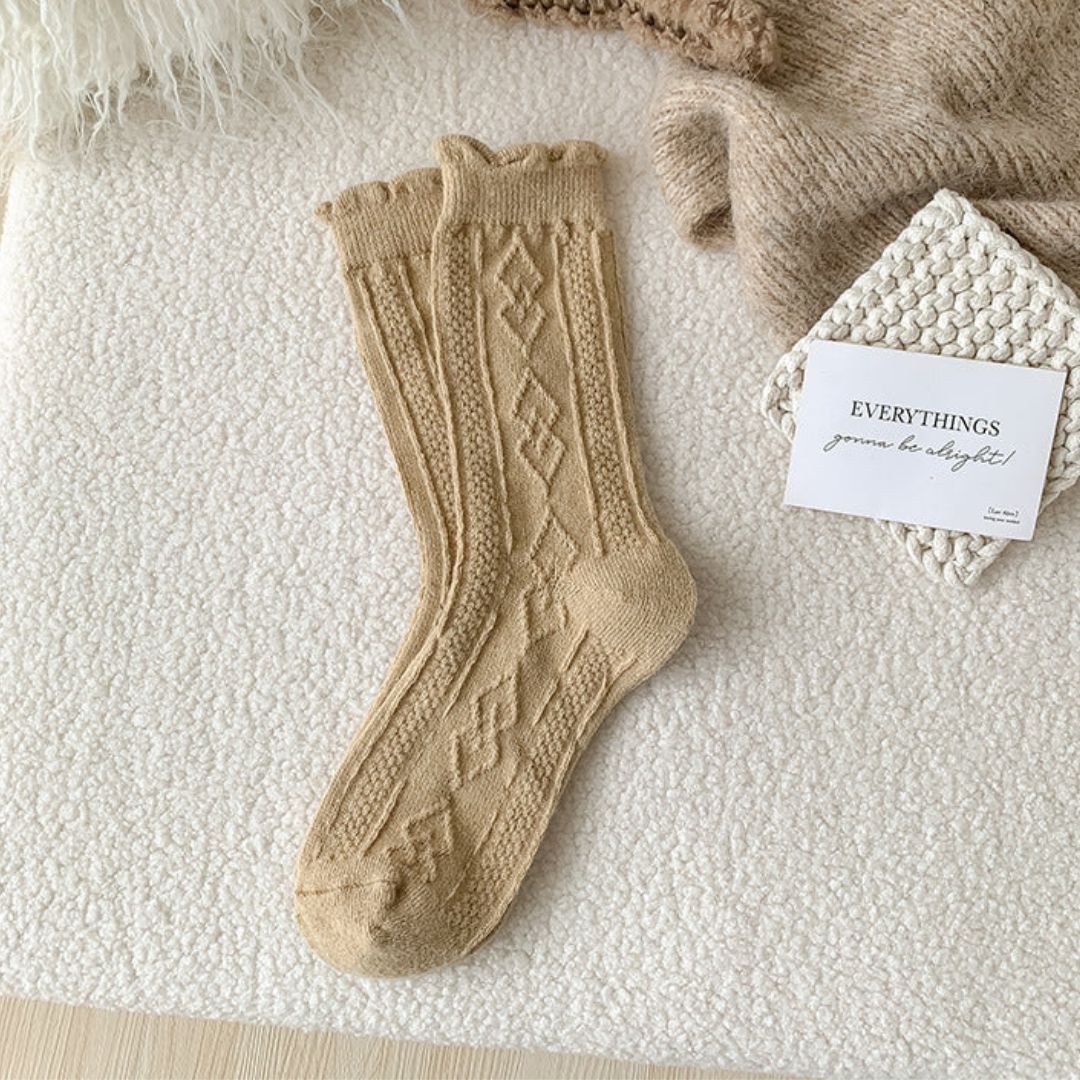 Traditional Wool Socks Cynthia – Thick, Warm & Vintage Ruffle Design-Light Khaki-State of Style